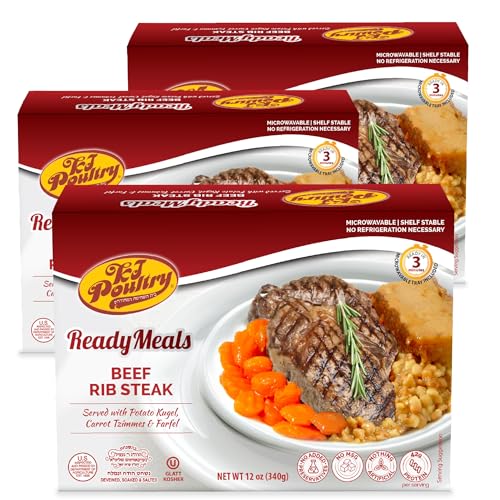 KJ Poultry Kosher Ready Meals - Beef Rib Steak & Kugel, MRE Meat Meals Ready to Eat, Shabbos Food (3 Pack) Prepared Entree Fully Cooked, Shelf Stable Microwave Dinner Travel Military Camping Survival