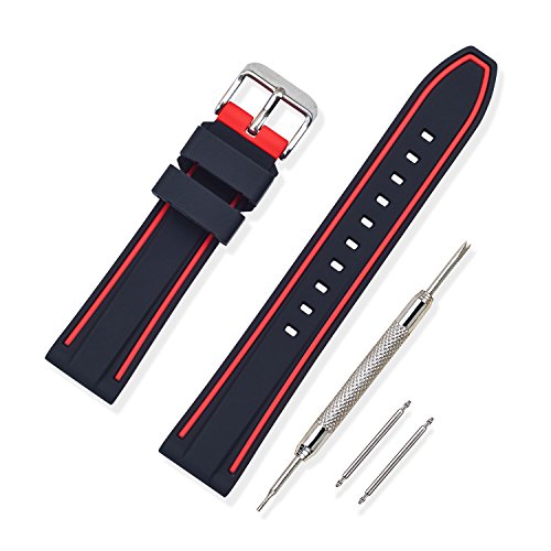 VINBAND Correa Reloj Calidad Alta Recambios Correa Relojes Caucho Bicapa Bicolor - 20mm, 22mm, 24mm, 26mm Silicona Correa Reloj con Hebilla de Acero Inoxidable Cepillado (24mm, Rojo)