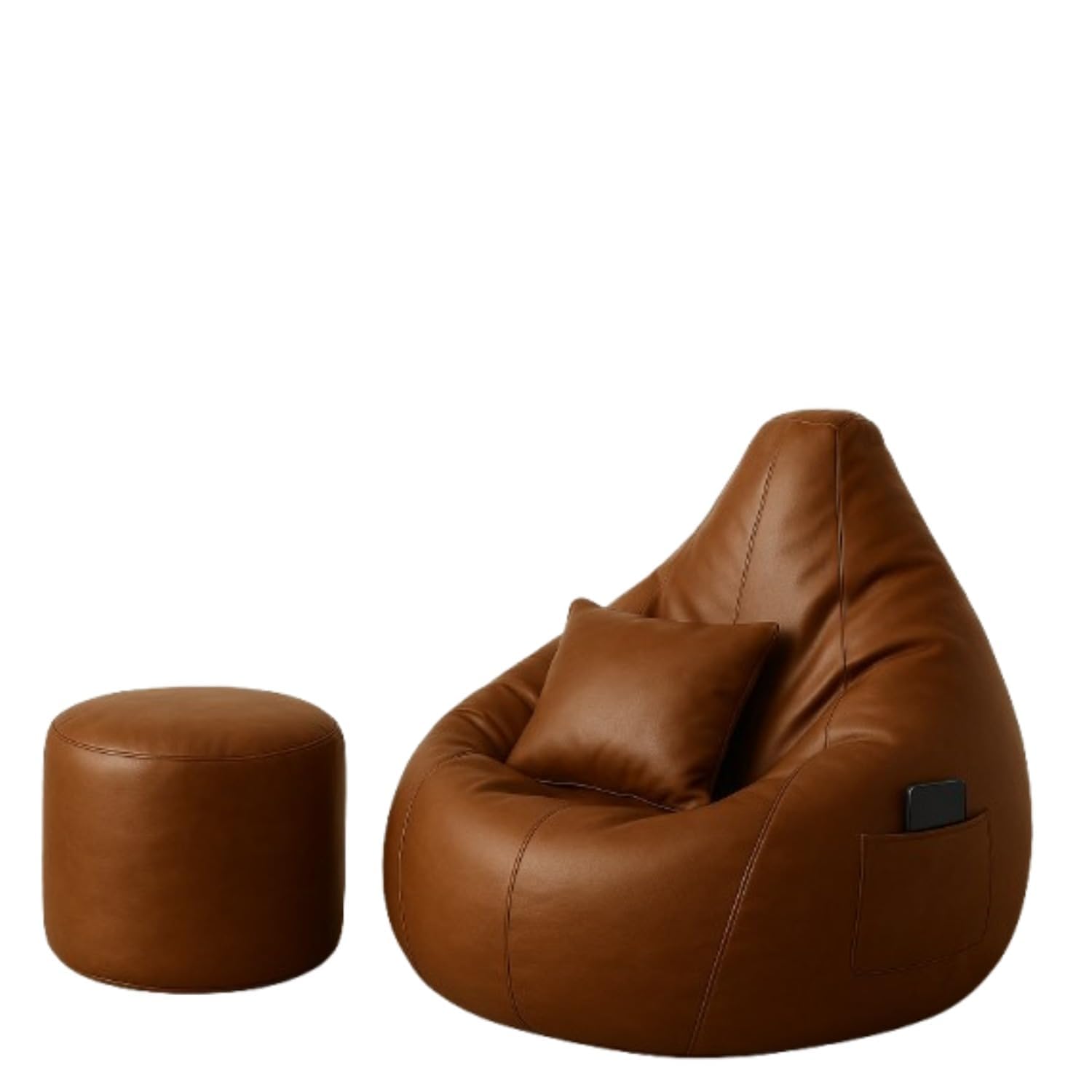 Bean Bag Chair | Ergonomic Gaming Seat with Side Pocket | Premium Leatherette, Washable Cover, Double Stitching | for Lounge & Bedroom | Cover Only (Free Pillow & Footrest, No Beans) (Brown, XXXL)