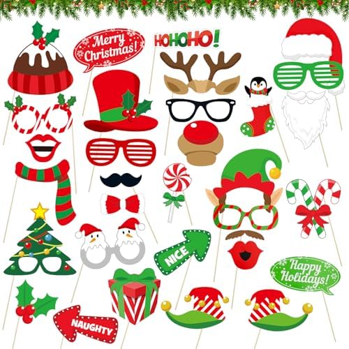 32 Pcs Christmas Photo Booth Props Kit - Merry Christmas Photo Props for Photography, DIY Fun Christmas Photobooth Photoshoot Prop Selfie Pose Sign Set for Adults Kids Christmas Party Favors Supplies