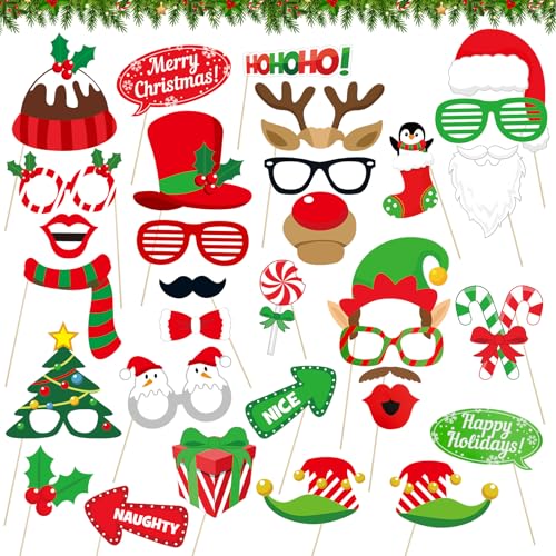 32 Pcs Christmas Photo Booth Props Kit - Merry Christmas Photo Props for Photography DIY Fun Xmas Photobooth Photoshoot Prop Selfie Pose Sign Set for Adults Kids Christma Party Favors Supplies