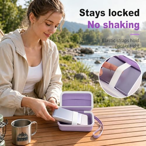 Image of casmilee Photo Printer Carrying Case for Liene Pearl N200 Pro, Lightweight Wireless Storage Bag with Soft Lining & Elastic Straps for Paper and Ink (Purple)