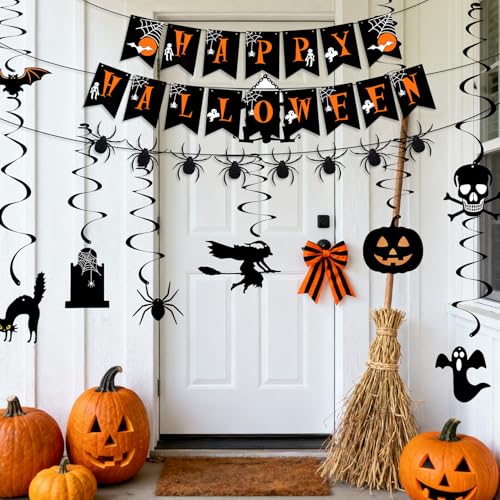 Decoração de Halloween casa, decoração de casa de Halloween - kit completo com guirlanda, bandeiras e acessórios (abóboras, aranhas), ideal para festas e fotografia call
