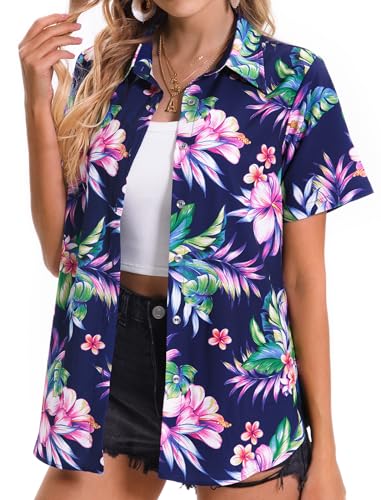 Womens Hawaiian Shirt Soft Cool Summer Hawaii Shirts Floral Tropic Print V Neck T-Shirt Short Sleeve Button Up Tops3