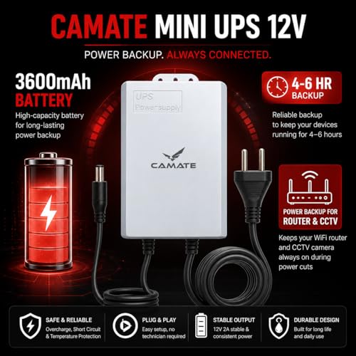 Image of Camate Mini UPS 12V Power Backup for WiFi Router & CCTV Camera | 3600mAh Battery, 4-6 Hr Backup | Weatherproof Outdoor Use | 12V 2A Output | Plug & Play | Safety Protection