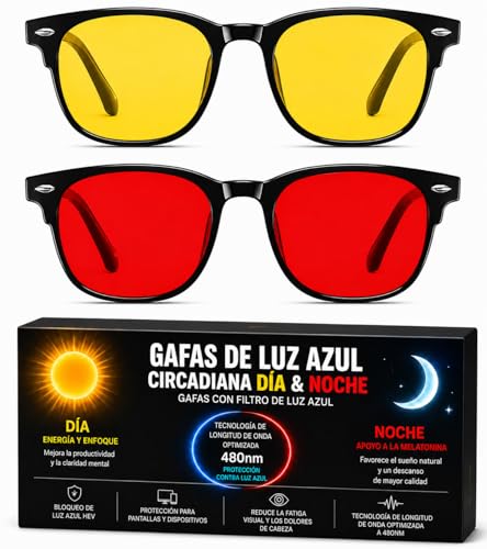 Solmoon Gafas Luz Azul Día y Noche – Set 2 Gafas Focus Amarilla + Sleep Roja | Sistema Circadiano 24H de Optimización Lumínica | Lentes Tritan™ BPA Free | Circalens™