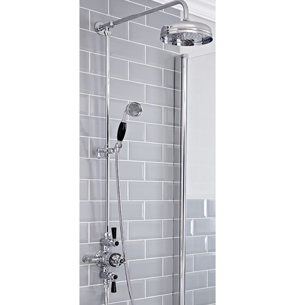 Milano Chrome & Black Elizabeth Rigid Riser Thermostatic Mixer Valve Shower Head Handset - Chrome Black