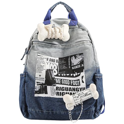 UINSUE Y2K Backpack Punk Style Gradient Water Washed Denim Daypack Large Capacity Bone Charm Trendy Patchwork Casual Rucksack 16L (Blue)