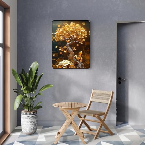Image of SAF Golden Money Tree Tortoise Wall Art Black Framed Sparkle Laminated Painting for Wealth & Prosperity Vastu Decor | Luxury Positive Energy Poster for Home Office (14 Inch x 11 Inch) K-36108