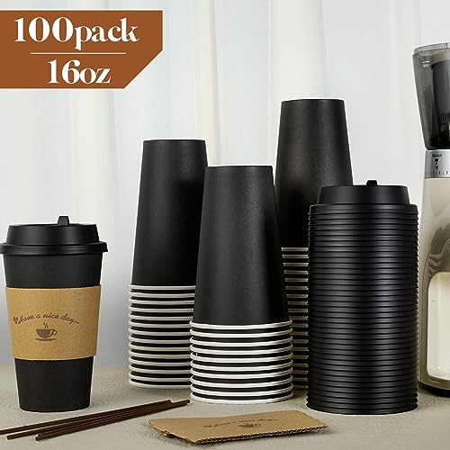 LITOPAK 100 Pack 16 oz Paper Coffee Cups with Lids, Black Disposable Coffee Cups with Lids, Sleeves and Stirring Sticks, for Parties, Picnic, Travel, and Events