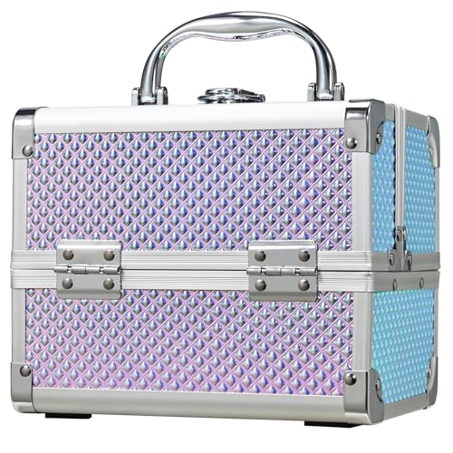 Maletín Maquillaje con Espejo Caja Maquillaje Beauty Case de Viaje Organizador Maquillaje con Cerradura Maletin Manicura Estuche Guardar Joyas y Accesorios Vacío Regalos para Mujeres, Azul Brillante