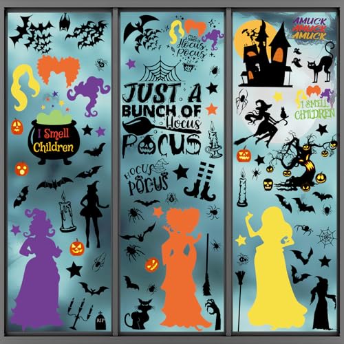 Image of 92Pcs Halloween Window Clings - Hocus Pocus Window Clings,I Smell Children Witch Clings for Glass Windows,Reusable Double Sided Static Window Stickers for Halloween Decorations(9 Sheets)
