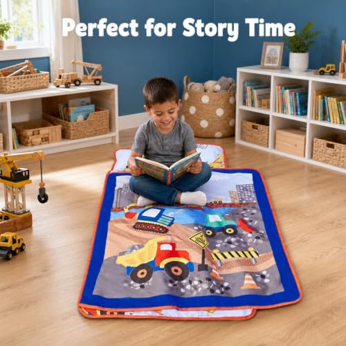 Image of EVERYDAY KIDS Toddler Nap Mat with Removable Pillow -Under Construction- Carry Handle with Fastening Straps Closure, Rollup Design, Soft Microfiber for Preschool, Daycare, Sleeping Bag -Ages 2-6 years