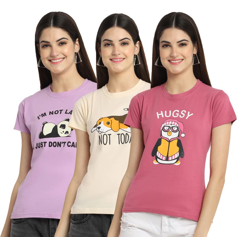 Image of Preneum Women's Cotton Regular Fit Graphic Stylish Printed Short Sleeves Casual T-Shirt || Trendy (Pack 3), Purple & Cream & Pink, M