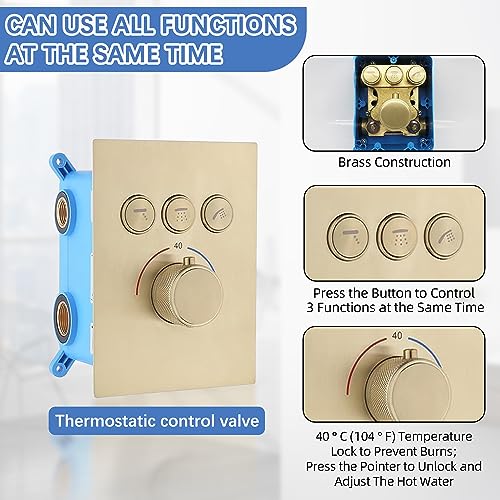 Backnets Brushed Gold Shower System 12 Inch Led Ceiling Rainfall Shower Head With Body Jets And Handheld Shower Full Body Thermostatic Rain Shower Fixtures System Can Run Together #TOP1