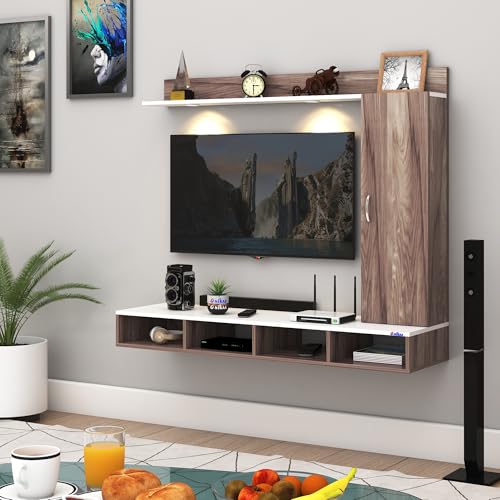 Image of Anikaa Dorex Engineered Wood Wall Mounted TV Unit with LED Lights, Storage Cabinet & Display Shelf for Living Room | Ideal for Upto 55 Inch TV- Coachwood /White(DIY Installation)