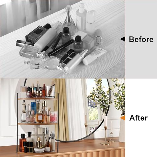 Image of 3 Tier Corner Bathroom Counter Organizer, Countertop Organizer, Makeup Organizer Countertop, Bathroom Storage Sink Shelf, Wooden and Metal Counter Shelf (Light Brown)