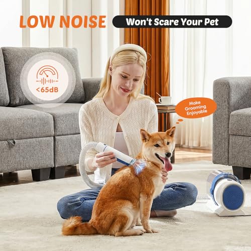 Image of DUMOS Pet Grooming Vacuum Kit, 3 Adjustable Suction Modes Dog Clipper, 5 Professional Grooming Tools with Low Noise Cat Hair Clippers, 2.5L, Blue & White