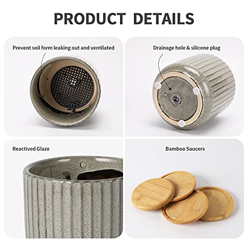 Tamaykim 4 Inch Cylinder Ceramic Plant Pots With Drainage Holes & Bamboo Saucers, Glazed Green Grey Small Boho Planters With Trays For Indoor Flower, Snake Plants, Succulent, Cactus, Set Of 4 #TOP2