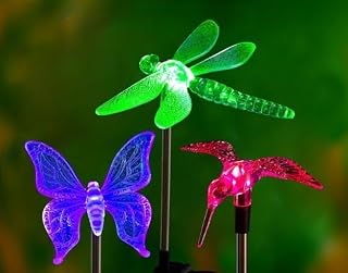 Resoxy 3Pcs Outdoor Solar Figurine Lights, Solar Powered Garden Stake Light,Hummingbird, Butterfly, Dragonfly Color Changing LED Landscape Lighting for Patio Yard Pathway Gardens Backyards Walkways.