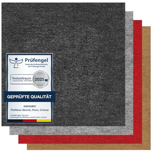 andiamo Teppichfliesen selbstklebend 25 Stück 40x40 cm Filz Bodenbelag für Wohnräume DIY leicht verlegbar & für Fußbodenheizung Standard 4 m Anthrazit