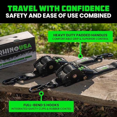Image of Rhino USA Retractable Ratchet Straps (4-Pack) - 2 Inch x 10 Feet (3,033lb Break Strength) - Heavy Duty Auto Self Retracting Tie Down Straps for Truck, Cargo Trailer, Motorcycle, Rad & More - Black