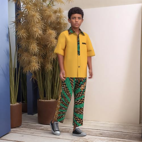 Image of XIAOHUAGUA African Clothes for Boy Kids African Outfit 2 Pcs Set Kente Print Shirt and Long Pants