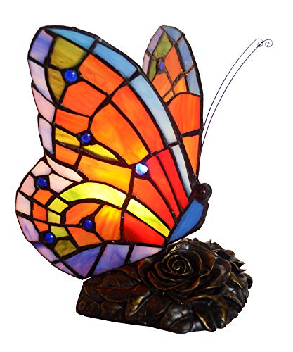 HT-Tiffany Night Light 6 Inches (E12x1 Bulb) Stained Glass Butterfly-Shaped Lampshade Resin Base Energy-Saving Lamp Living Room Bedroom Table Lamp Antique Dressing Table Desk Bedside Craft Gift Lamp