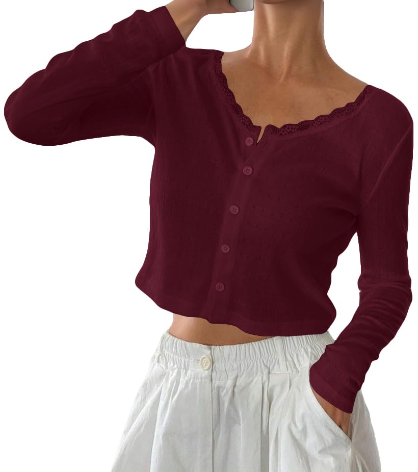 Image of Cioatin Women V Neck Lace Trim Button Down Open Front Pointelle Crop Cardigan Long Sleeve Clean Fit Y2K Minimalist Shirt Tops