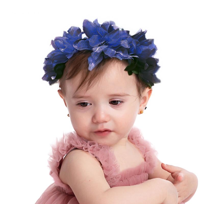Baby Girls Flower Headband Soft Chiffon Gauze Floral Cluster Baby Headpiece Bridal Wedding Party Fabric Flower Pearl Head Accessories for Little girl (Flower 2 - dark blue, Elastic)