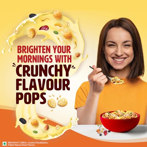 Image of Saffola Muesli Kesar Crunch with Flavour Pops, 180 gm | 15 in 1 Fruit and Nuts, Seeds, Millet & more | Cereals for breakfast rich in wholegrain, protein, fibre