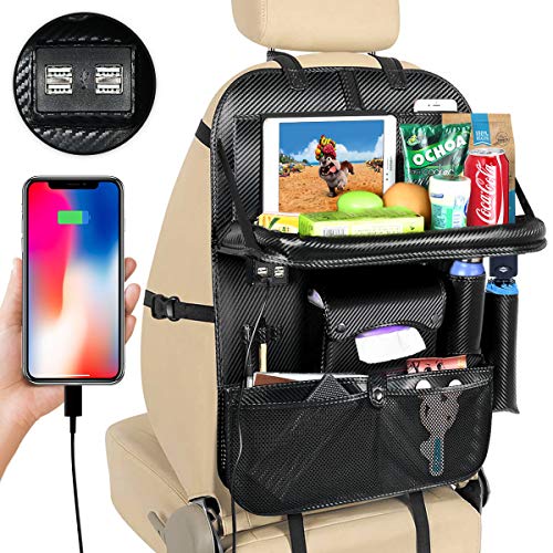 Premium Car Backseat Organizer with Tray, PU Leather Back Seat Car Storage Organizer