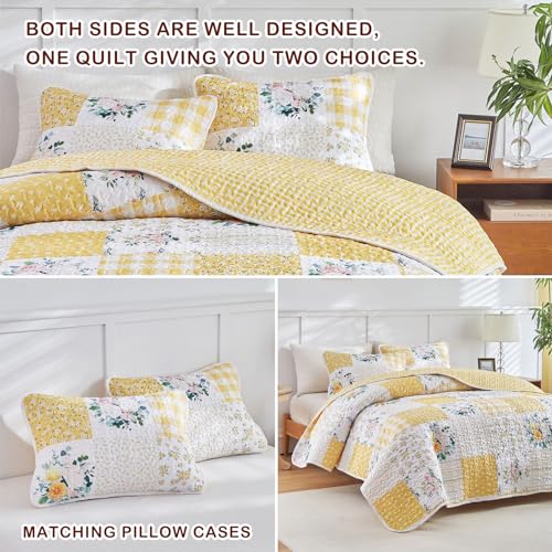 Joyreap 3 Pieces Floral Patchwork Quilt Set King, Yellow n White Flowers Design, Soft n Cozy Microfiber Quilt, Bedspread Bed Cover for All Season, 1 Quilt and 2 Pillow Shams- 102x90 inches by Joyreap - Used condition - Image 6