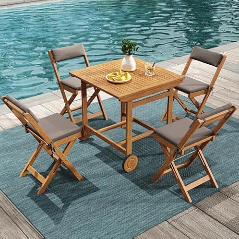 Olaterior 5 Piece Outdoor Dining Set, Acacia Wood Patio Dining Set for 4, Square Dining Table w/Wheel and 4 Folding Chairs w/Cushion, Space Saving Patio Dining Furniture for Garden Yard Porch, Grey Cover