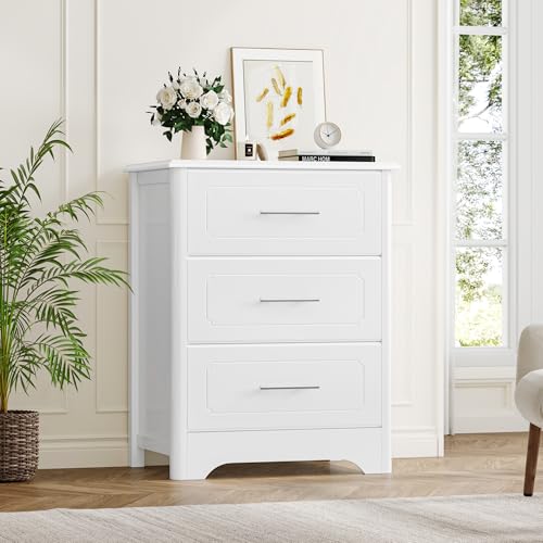 Image of HITHOS 3 Drawer Dresser for Bedroom, 23.62" Wide Modern White Dresser, Tall Nightstand with 3 Deep Drawers, Wood Chest of Drawers, Side End Table for Living Room, Hallway, Home Office