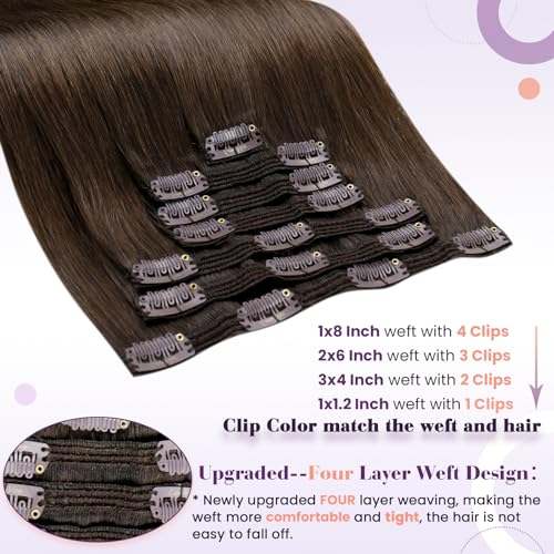 Image of LaaVoo Human Hair Extensions Clip Ins 150g Brown Hair Extensions Real Human Hair Clip Ins Darkest Brown Human Hair Clip in Extensions Brown Full Head Silky Straight 22 Inch 7pcs