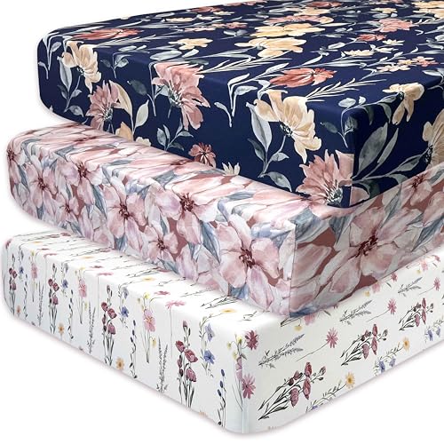Image of AMROSE 3 Pack Heavenly Soft Crib Sheets for Baby Girls, 28'' X 52'' Fitted Crib Sheets for Crib and Toddler Mattress Pad, Silk Touch Gentle Breathable Microfiber, Floral Plants