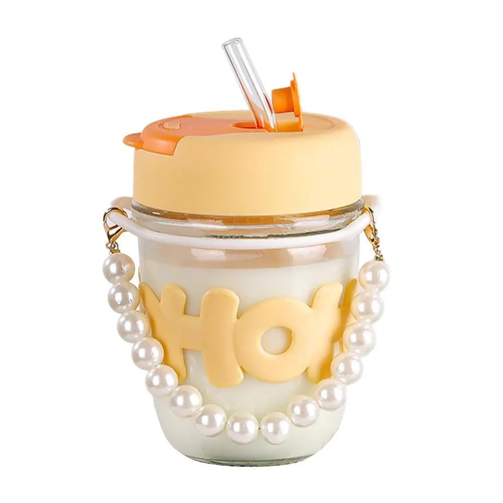 ASHASHA Reusable Glass Coffee Mugs with Pearl Chain Belt & Sleeve Pack of 1,Drinking Glasses Tumbler with Lid and Double Drink Straw Sipper for Juice Smoothies Cocktail Mug (Yellow) (B0CW3H4WZW) Amazon Price History, Amazon Price Tracker