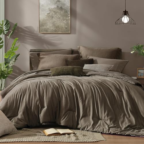Image of Monbix Queen Comforter Set, Taupe Grey Cationic Dyeing Bedding Set Reversible, Bed in a Bag 7 Pieces with Comforter, Sheets, Pillowcases & Shams