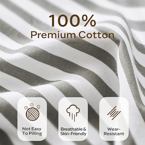 JELLYMONI 100% Natural Cotton 2pcs Striped Duvet Cover Sets,White with Grey Stripes Pattern Printed Comforter with Zipper Closure & Corner Ties(Twin Size)
