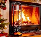 Kingson Juego de herramientas para chimenea de 4 piezas, asas de acero inoxidable, incluye pala, cepillo, atizador y soporte redondo, juego de compañero para chimenea y estufa de leña, altura de 65 cm