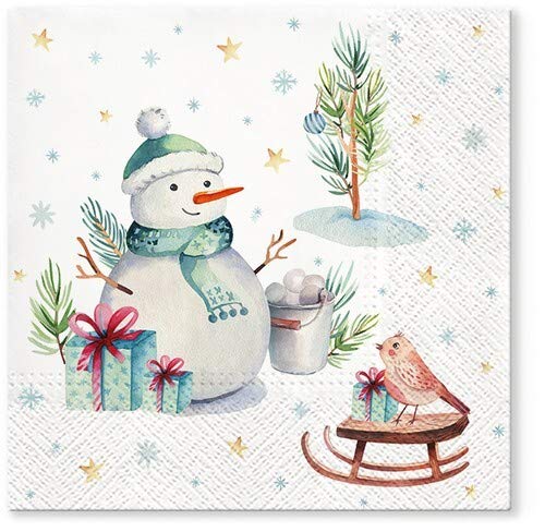 Tovaglioli Di Carta Natalizi Ambiente, 33x33 Cm, 3 Veli, Confezione Da 20, Con Pupazzo Di Neve E Amici