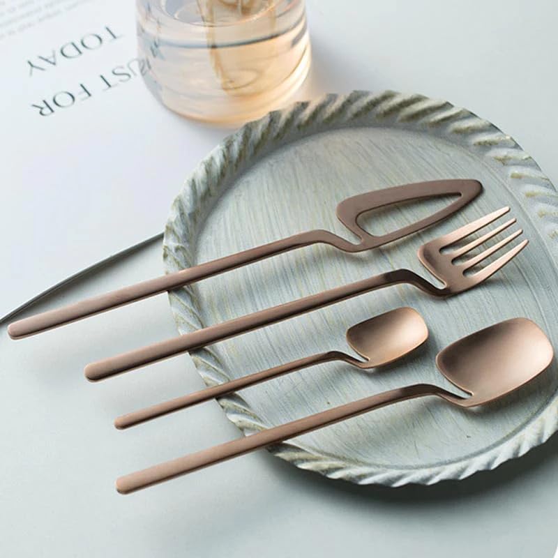 Image of Modern Stainless Steel Flatware Set - 4-Piece Unique Bent Handle Cutlery Set - Fork, Knife, Spoon & Teaspoon - Elegant Kitchen & Dining Silverware Set for Home & Restaurant (Gold)