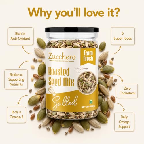 Image of Zucchero Roasted & Salted Seed Mix - 6 in 1 Super Crunchy Mix (400g) | Healthy Snack | Omega-3 | Hi-Protein | Hi-Fibre | Roasted Chia, Pumpkin, Sunflower, Watermelon, Sesame, Flax | Oil-Free Roasting| No preservatives |