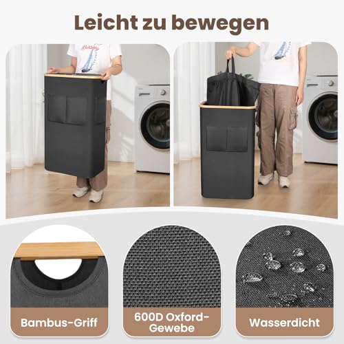 OUSFOT Wäschekorb mit Deckel 105L, Wäschesammler mit Griffen aus Bambus, Laundry Basket Wasserdicht aus 600D Oxford Stoff mit Abnehmbarem Wäschesack, Fronttasche, für Waschküche Schlafzimmer, Schwarz