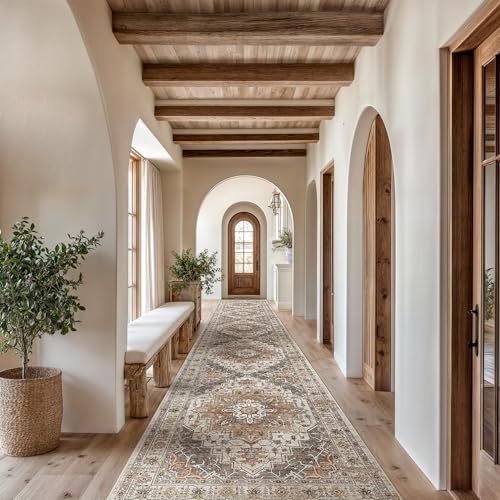 Madane Hallway Runner Rug 2'6''x14', Non Slip Vintage Runners for Hallways Washable Kitchen Rugs Soft Low Pile 2.5x14 ft Rug Runner for Laundry Room, Entryway and Bedroom, Turmeric/Grey