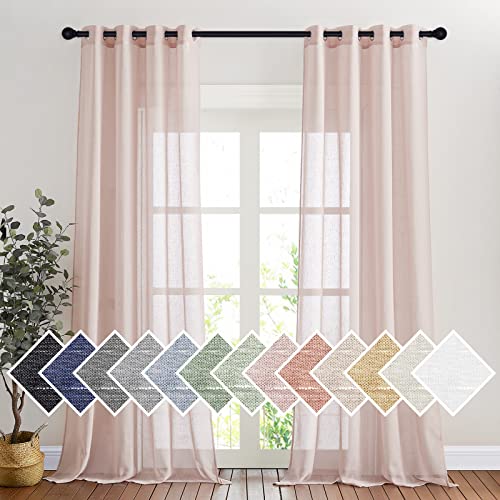 NICETOWN Linen Textured Semi Sheer Bedroom Curtains, Grommet Top Flew to Floor Thick Semitransparent Window Treatment Privacy Light Reducing for Nursery, W52 x L96, Dusty Blush, 2 Panels