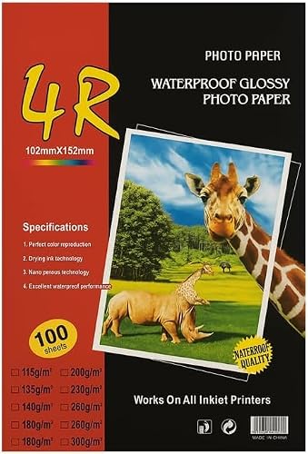4R Glossy Photo Paper 100 Sheets Waterproof Fast-Dry Inkjet Photo Paper 102×152mm High Gloss for Home & Office Printing
