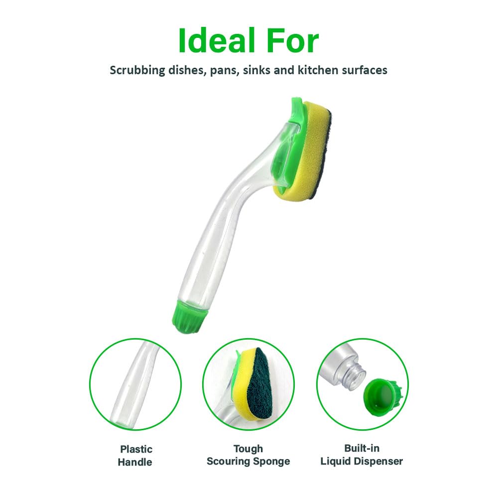 Soap Dispensing Washing Up Scrubber - Dish Brush with Built-In Liquid Dispenser & Scouring Sponge - 24cm Kitchen Cleaning Tool - Image 3