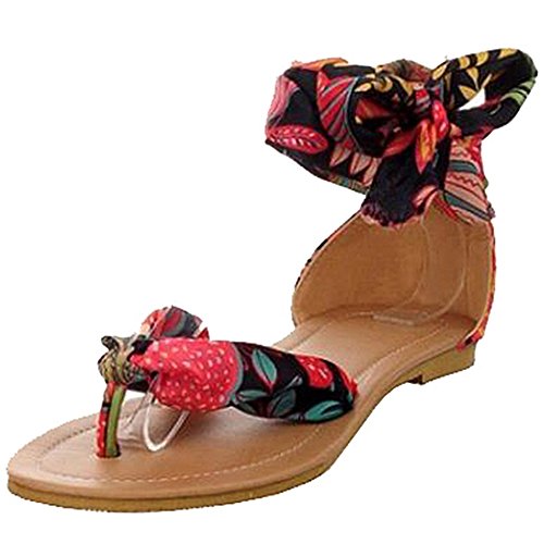 Smilice Beach Sandals with Flat and Silk Lace-up Fashion Flat Sandals with Large Black